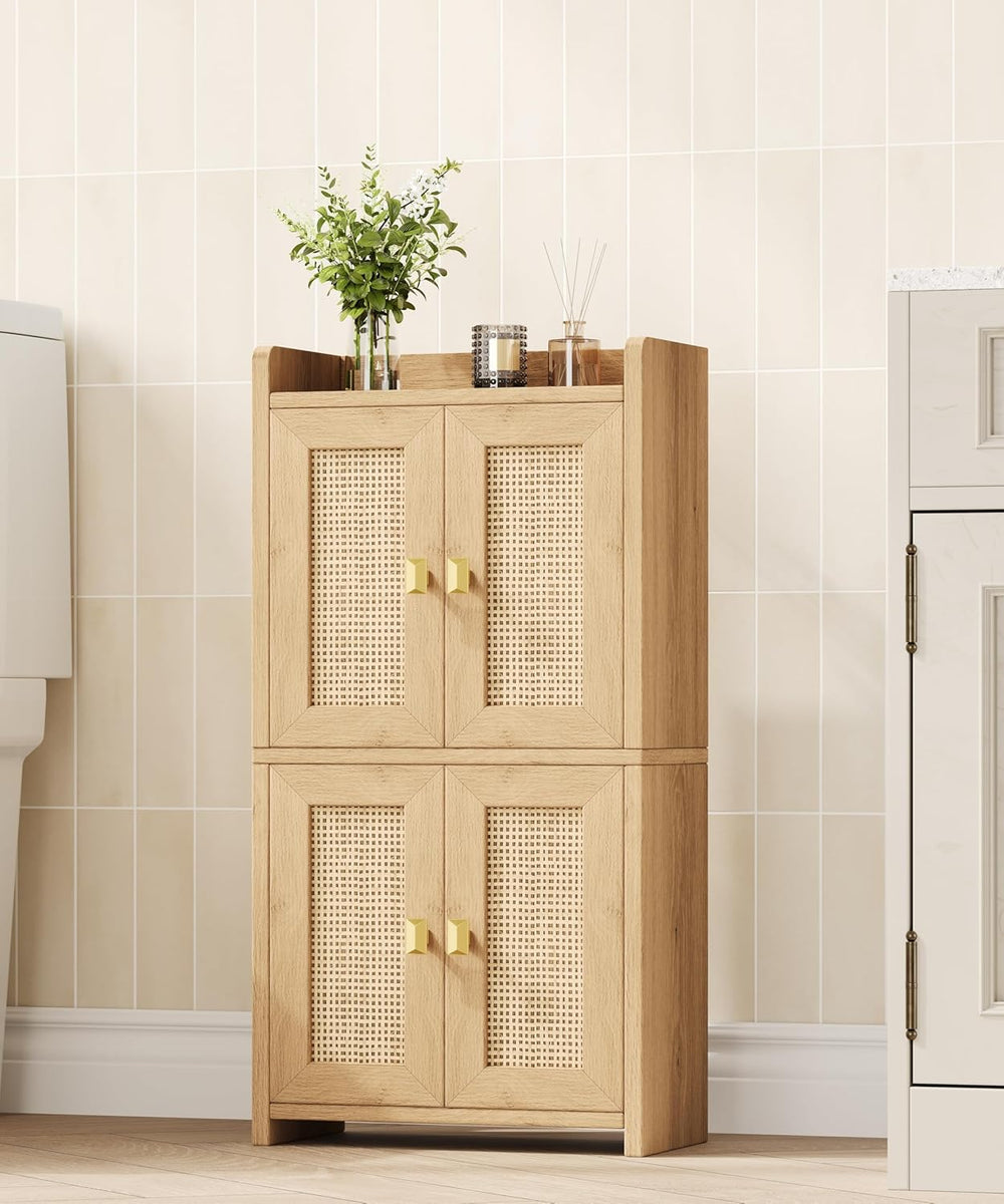 15" Rattan Small Bathroom Cabinet 4 Doors Adjustable Shelf Oak