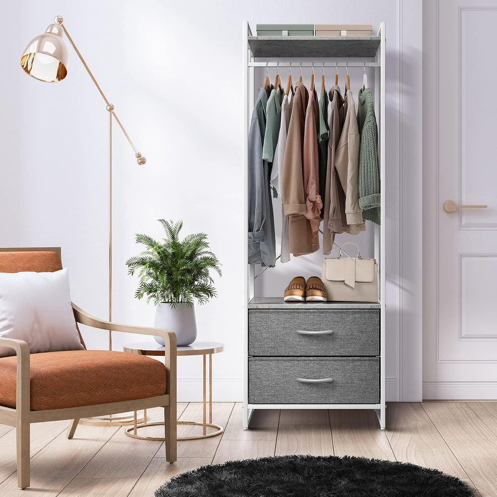 Sorbus Tall Clothing Rack with Drawers, Wood Top (Grey)