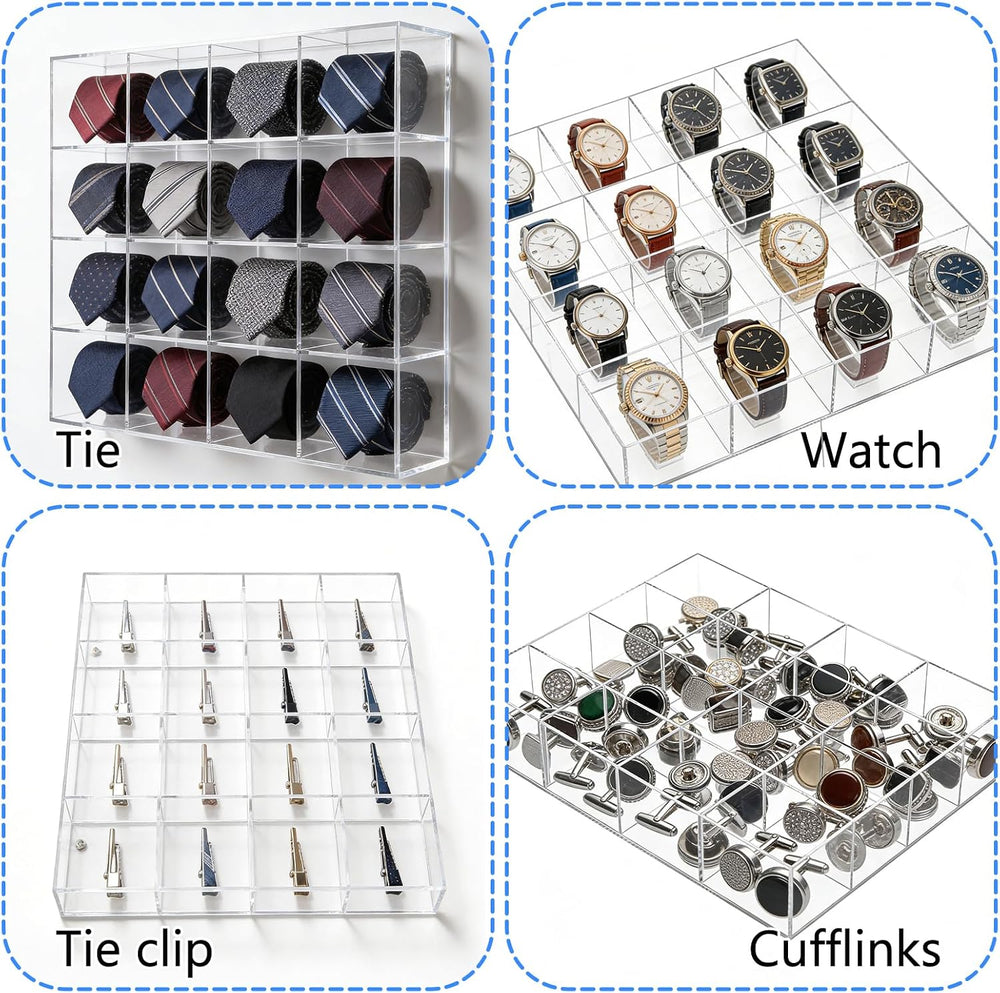 2 Pack Tie Box Organizer Wall Mounted Tie Rack Clear Acrylic with 16 Compartm...