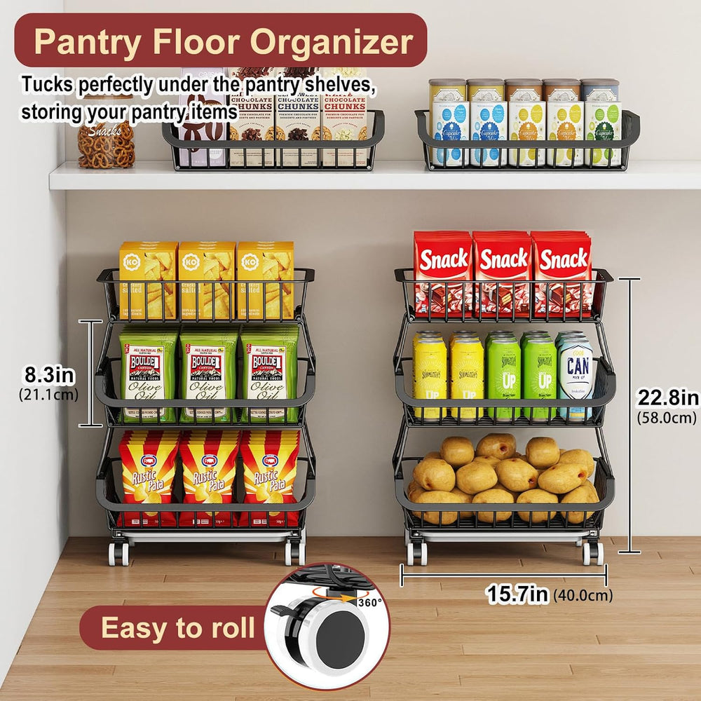 3-Tier Rolling Pantry Cart with Wheels, Stackable Wire Storage Floor Organize...