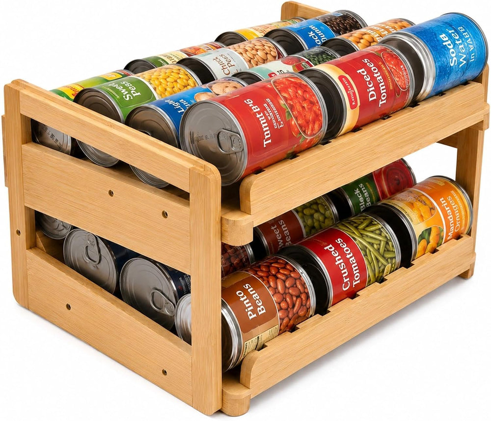 MinBoo Bamboo FIFO Can Organizer for Pantry, 24-Can Gravity Dispenser with Ad...