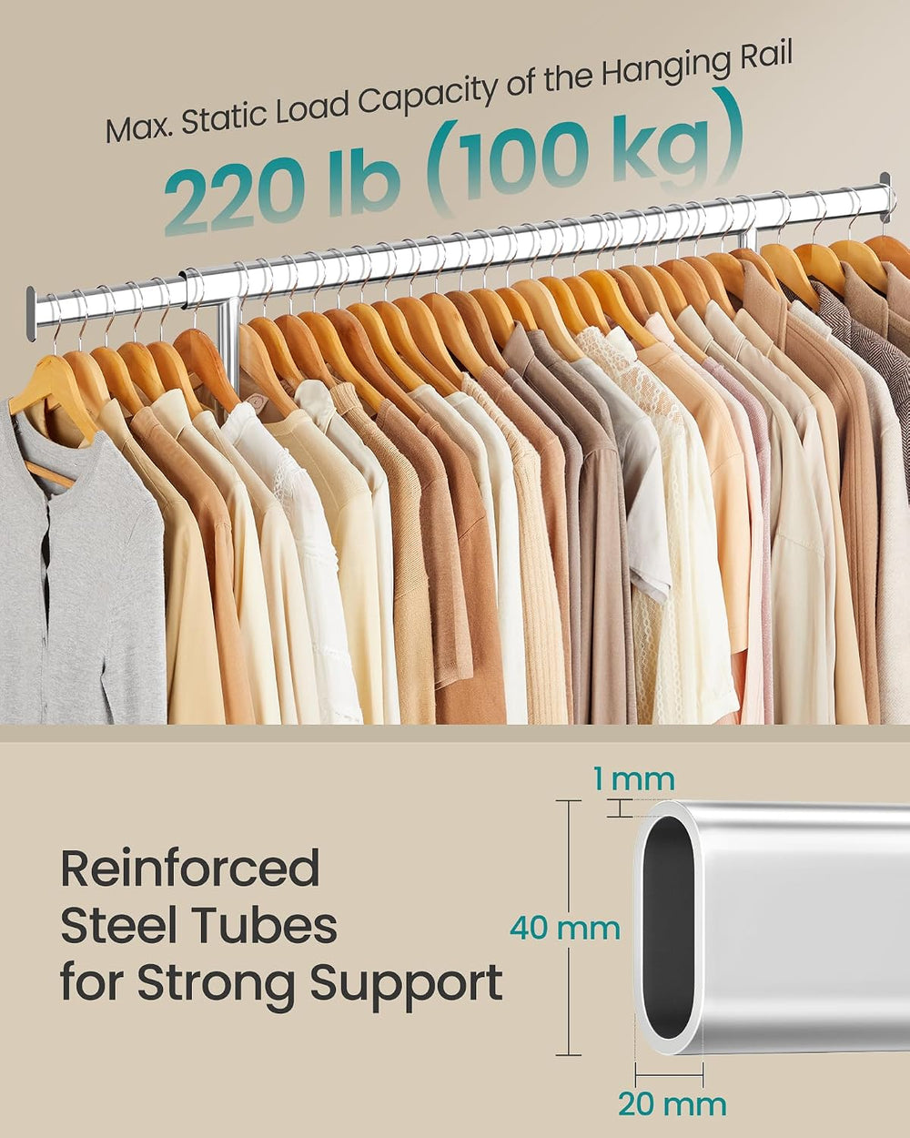 SONGMICS Clothes Rack with Wheels, Heavy-Duty, 220 lb Load Capacity