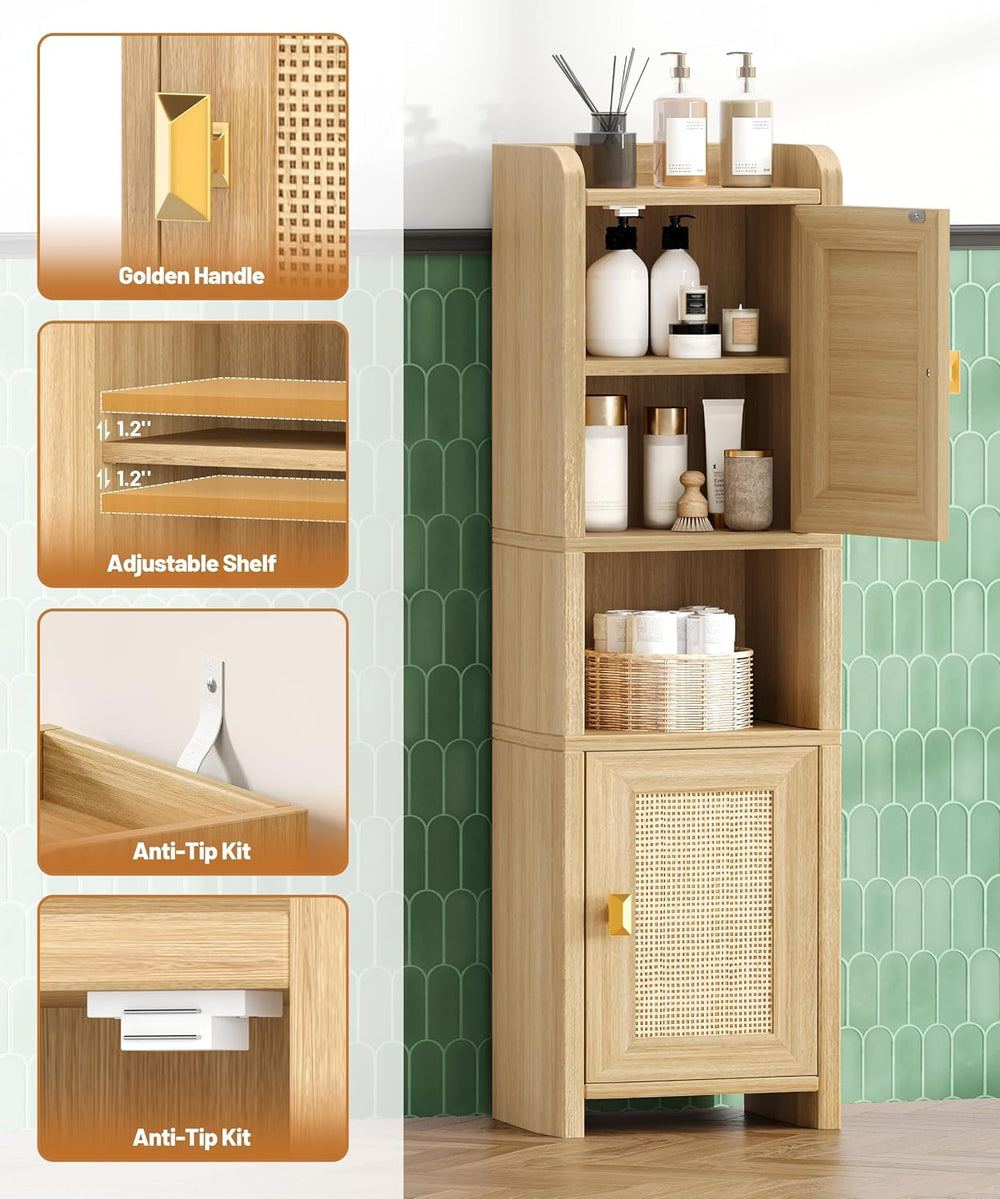 9.8''W Rattan Small Bathroom Storage Cabinet 2 Doors Oak