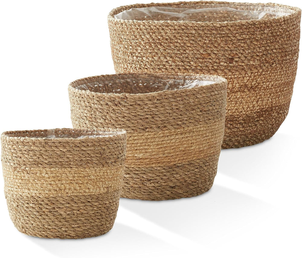 Casafield Set of 3 Seagrass Planter Baskets with Liners - Two-Tone, Hand Wove...