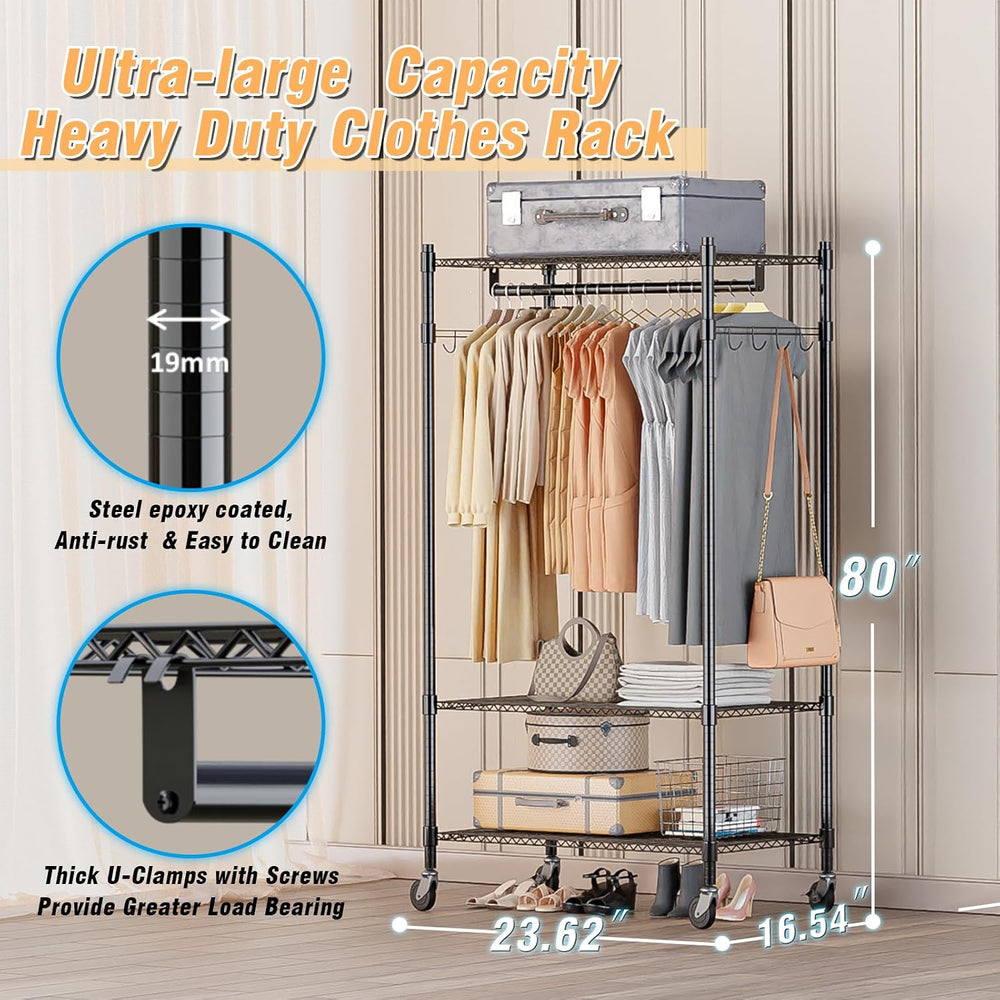 Homdox Heavy Duty Clothing Rack with 3 Tier Adjustable Wire Shelves, Garment ...