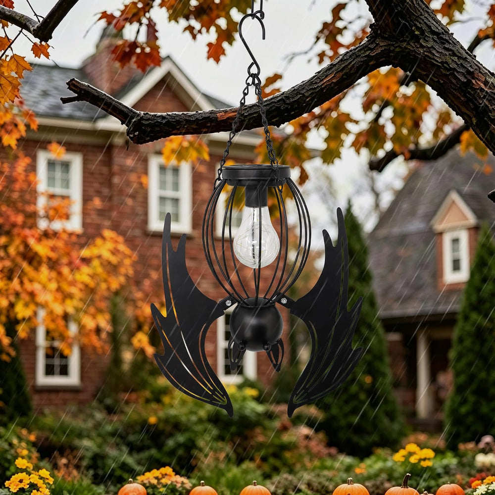 Halloween Bat Lantern 19.5in Iron Upside-Down Hanging Solar Light