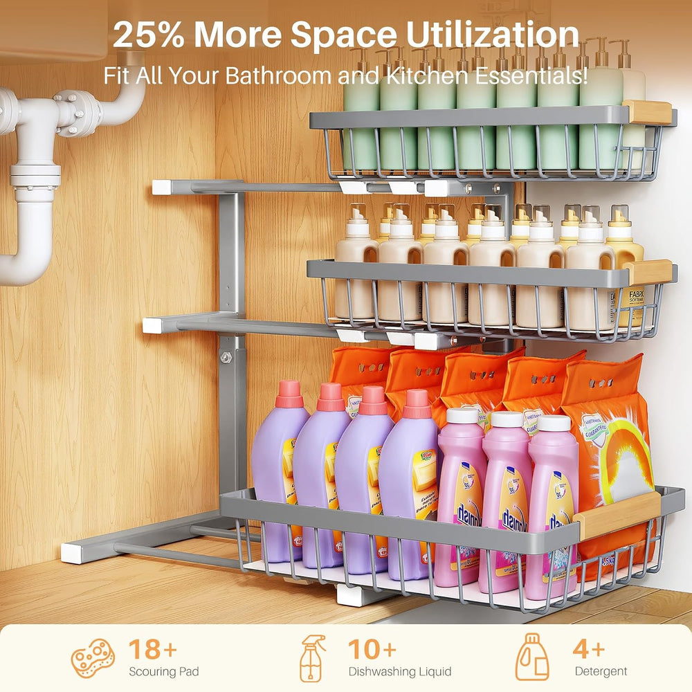 PXRACK Under Sink Organizer, 1-Pack 3-Tier Height Adjustable Thickened Metal ...