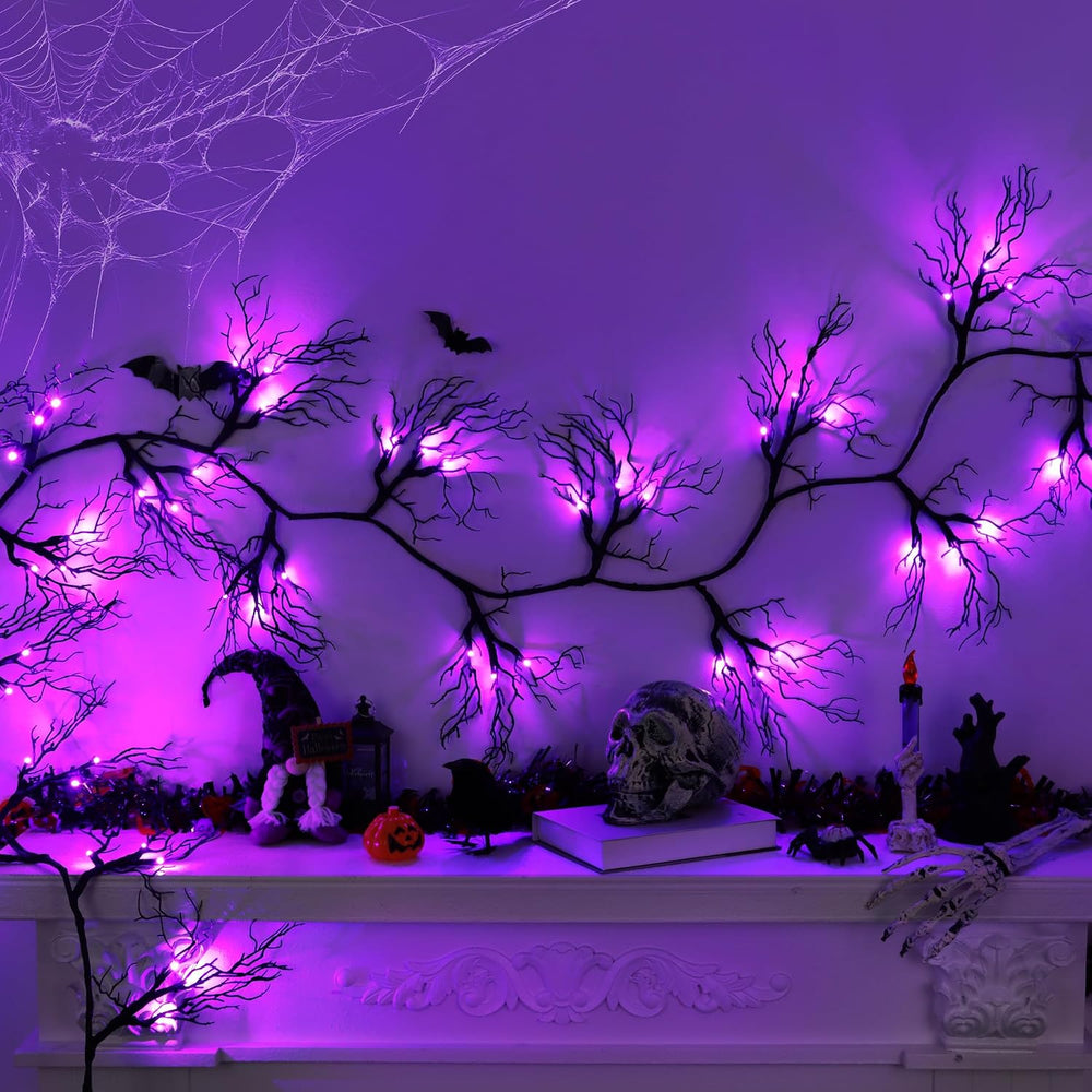 9 Ft 66 LED Willow Vine Twig Decor Black Halloween Garland with Purple Lights...
