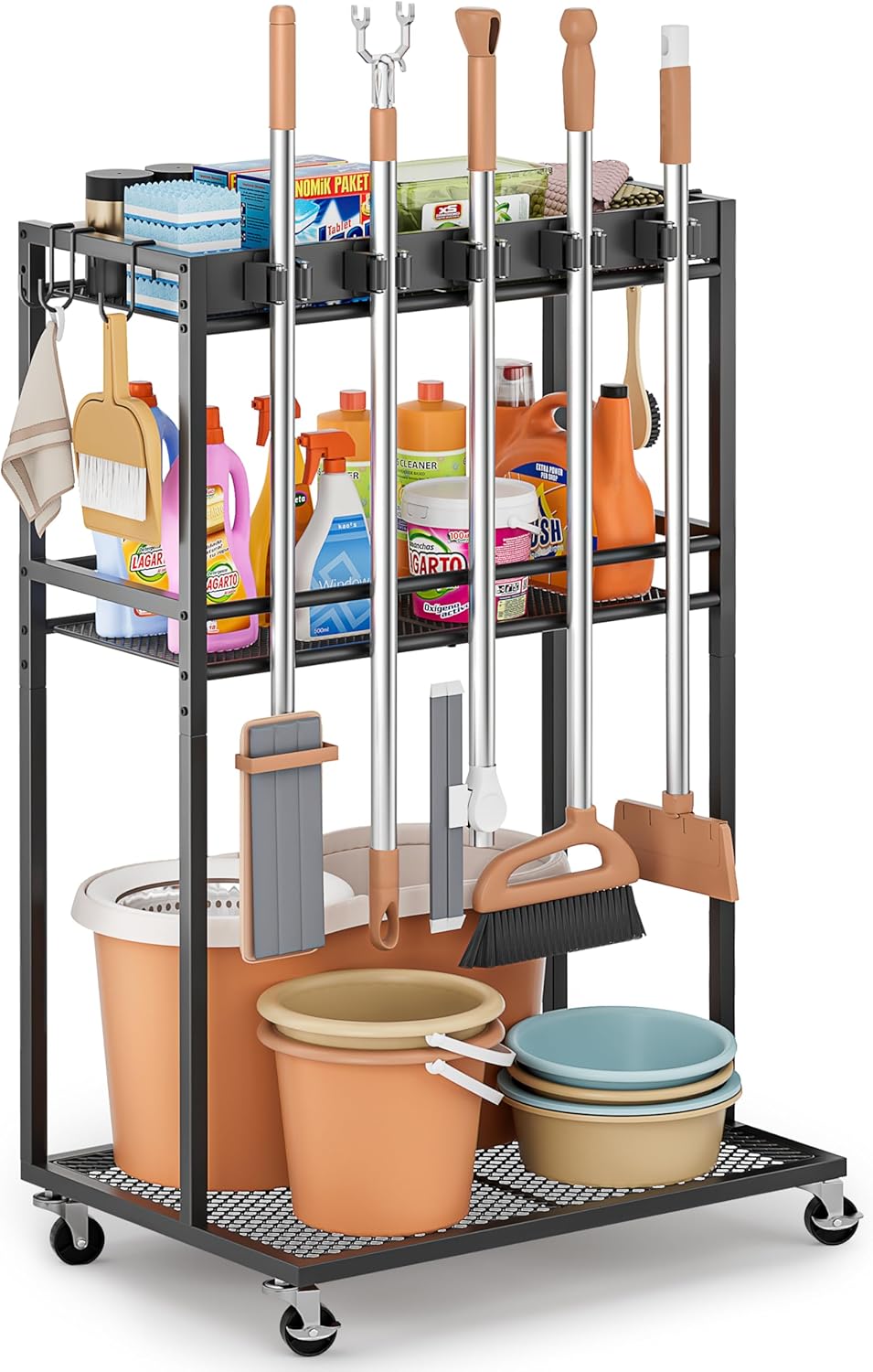Broom Holder with Cleaning Supplies Organizer, Broom Closet Storage Cabinet w...