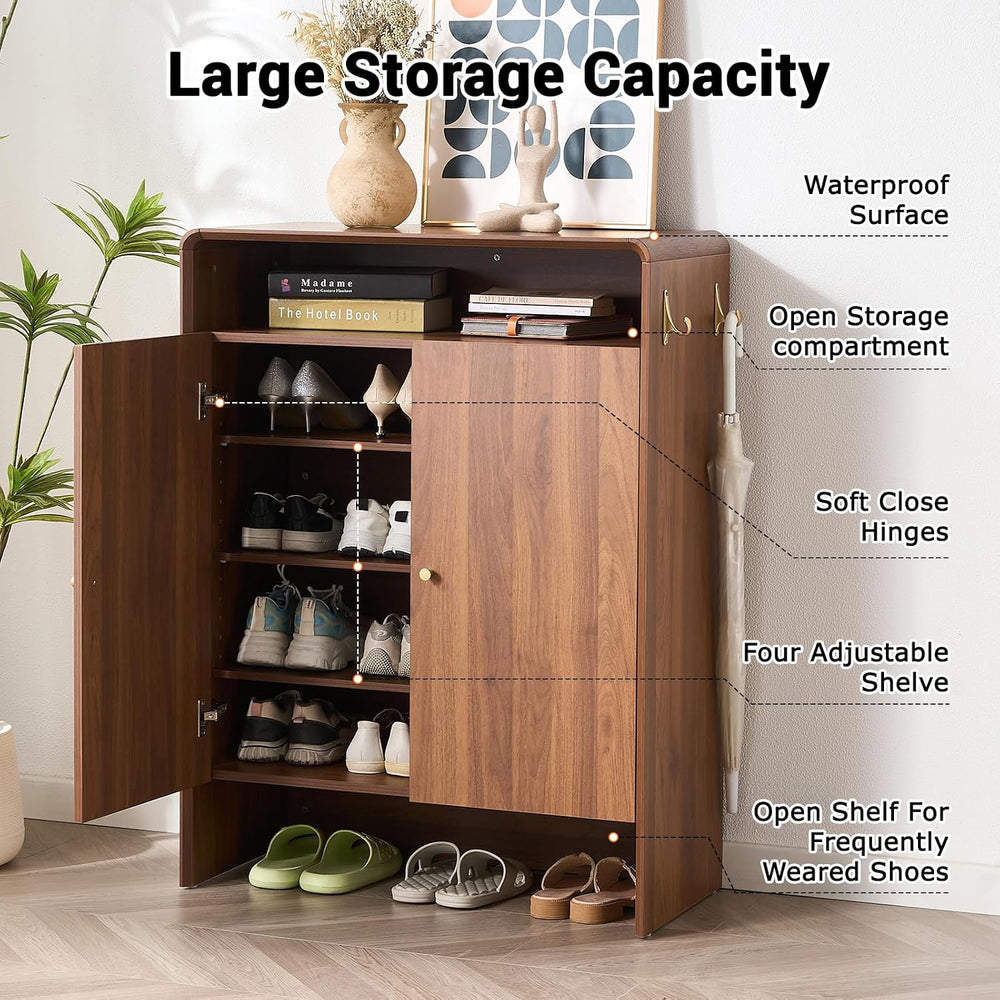 Walnut Shoe Cabinet with Doors, Large Shoe Storage Cabinet for Entryway
