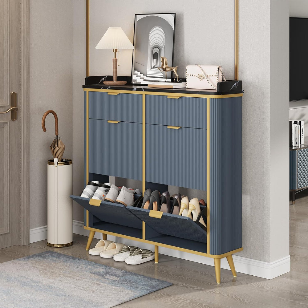 Fluted Shoe Storage Cabinet with 4 Flip Drawers & 2 Drawers, Freestanding...