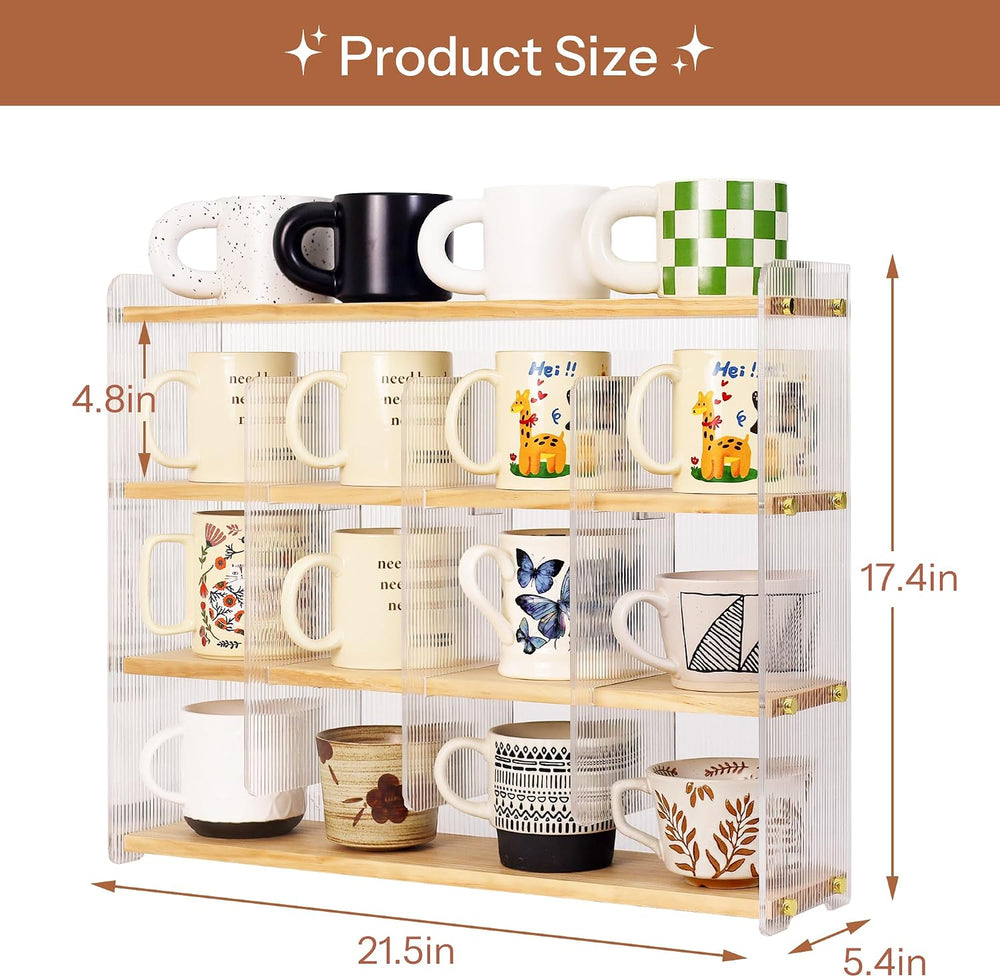 Mug Shelf 4-Tier Walnut Coffee Cup Displays,Kitchen Spice Storage