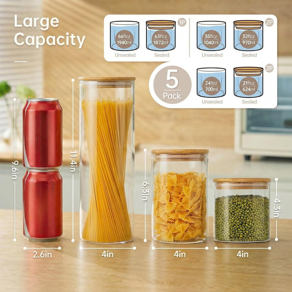 Round Glass Storage Containers with Bamboo Lids for Pasta & Flour, 5 Pack
