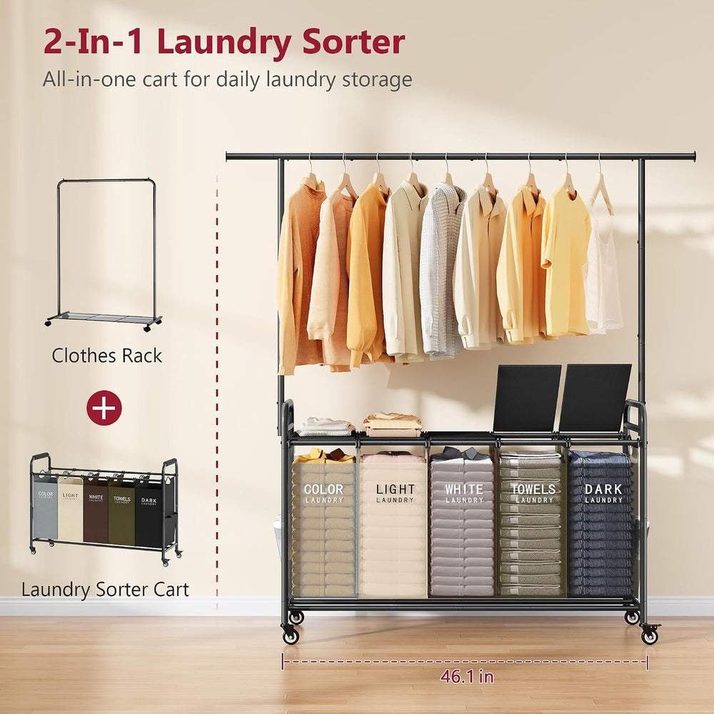Tajsoon Laundry Sorter with Hanging Rod and Lid, 5 Section, 246L, 5 Colors