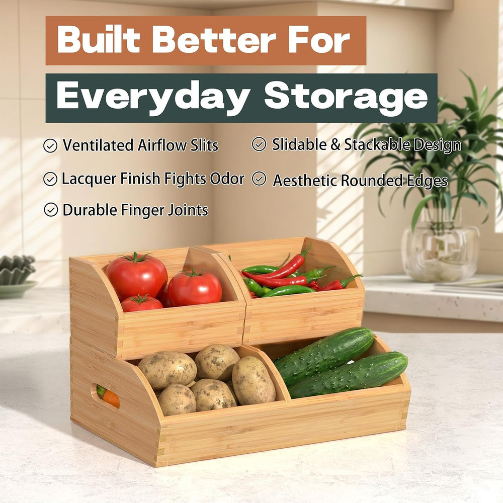 Potato and Onion Storage Bin, Stackable Bamboo Pantry Organizer and Storage