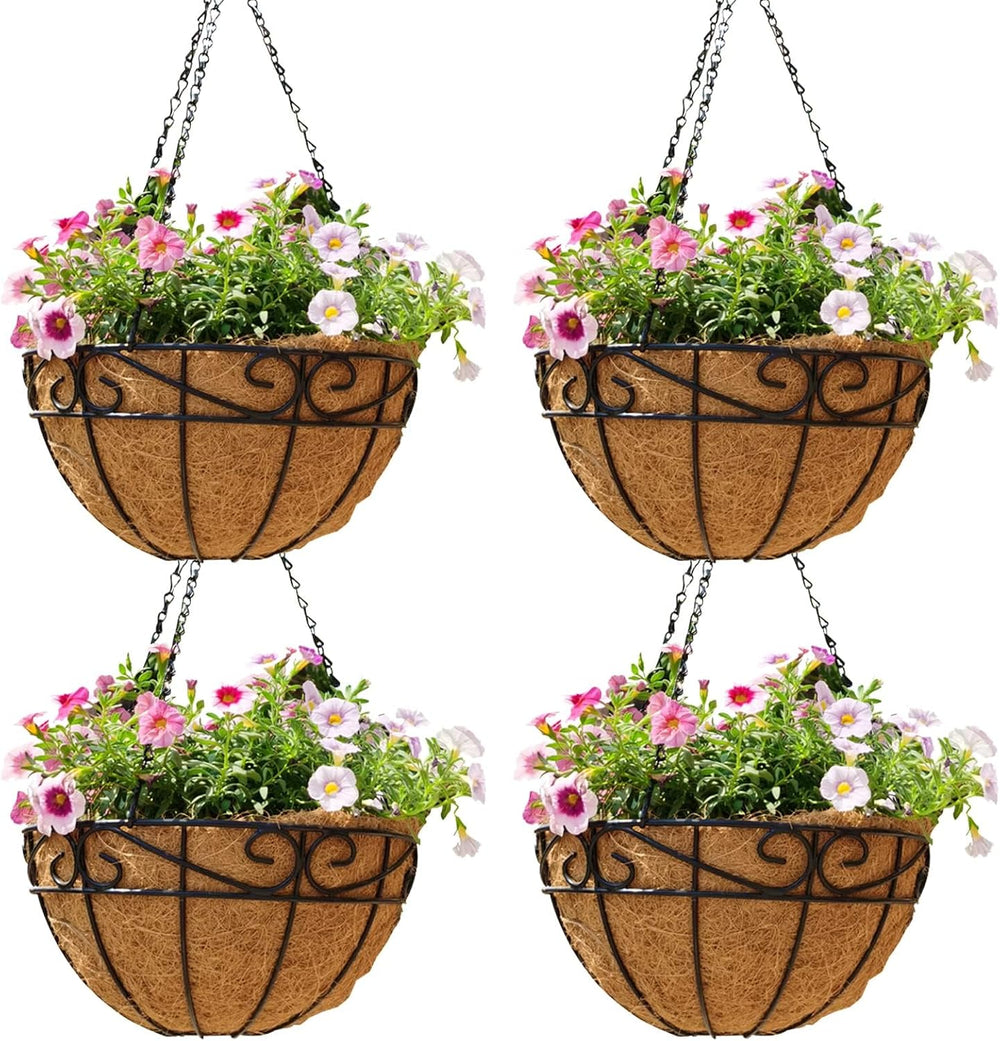 14 inch Metal Hanging Baskets For Plants Outdoor 4 Pack Round Metal Wire Hang...