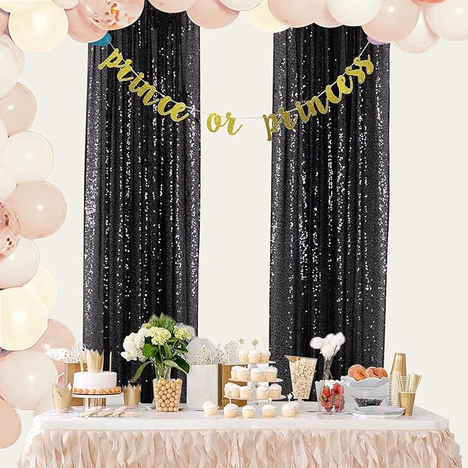 ShinyBeauty Black Sequin Curtains 2FTx8FT 4 Panels | Sparkly Photo Backdrop f...