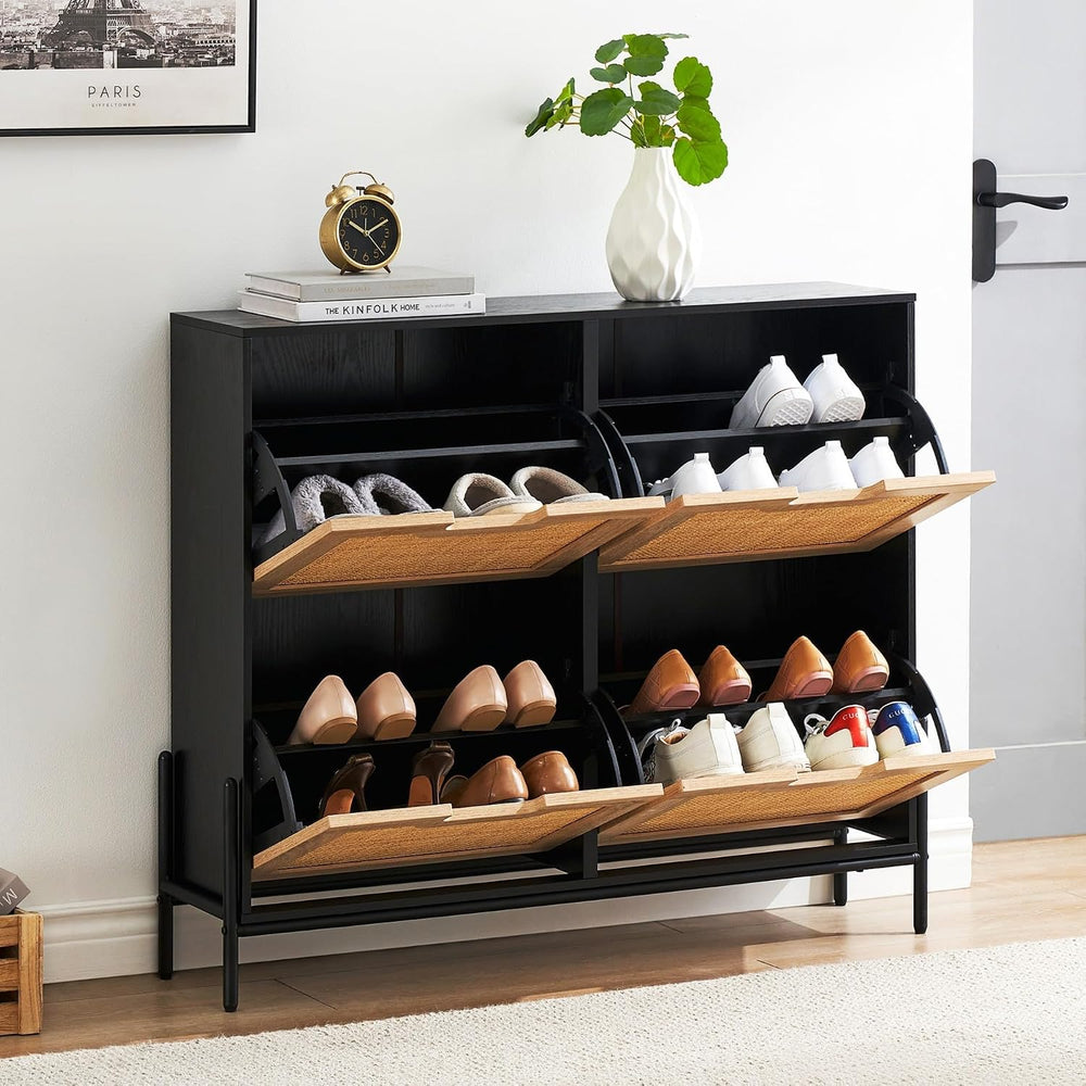 IDEALHOUSE Natural Rattan 4 Flip Door Shoe Cabinet Organizer Freestanding, Mo...