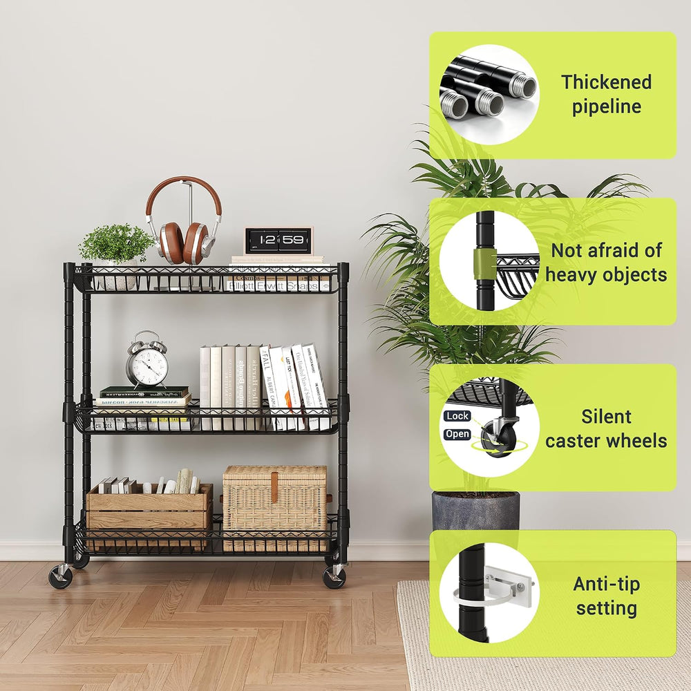 3-Tier Rolling Storage Shelves with Wire Baskets,30 x 13.5 x 30in