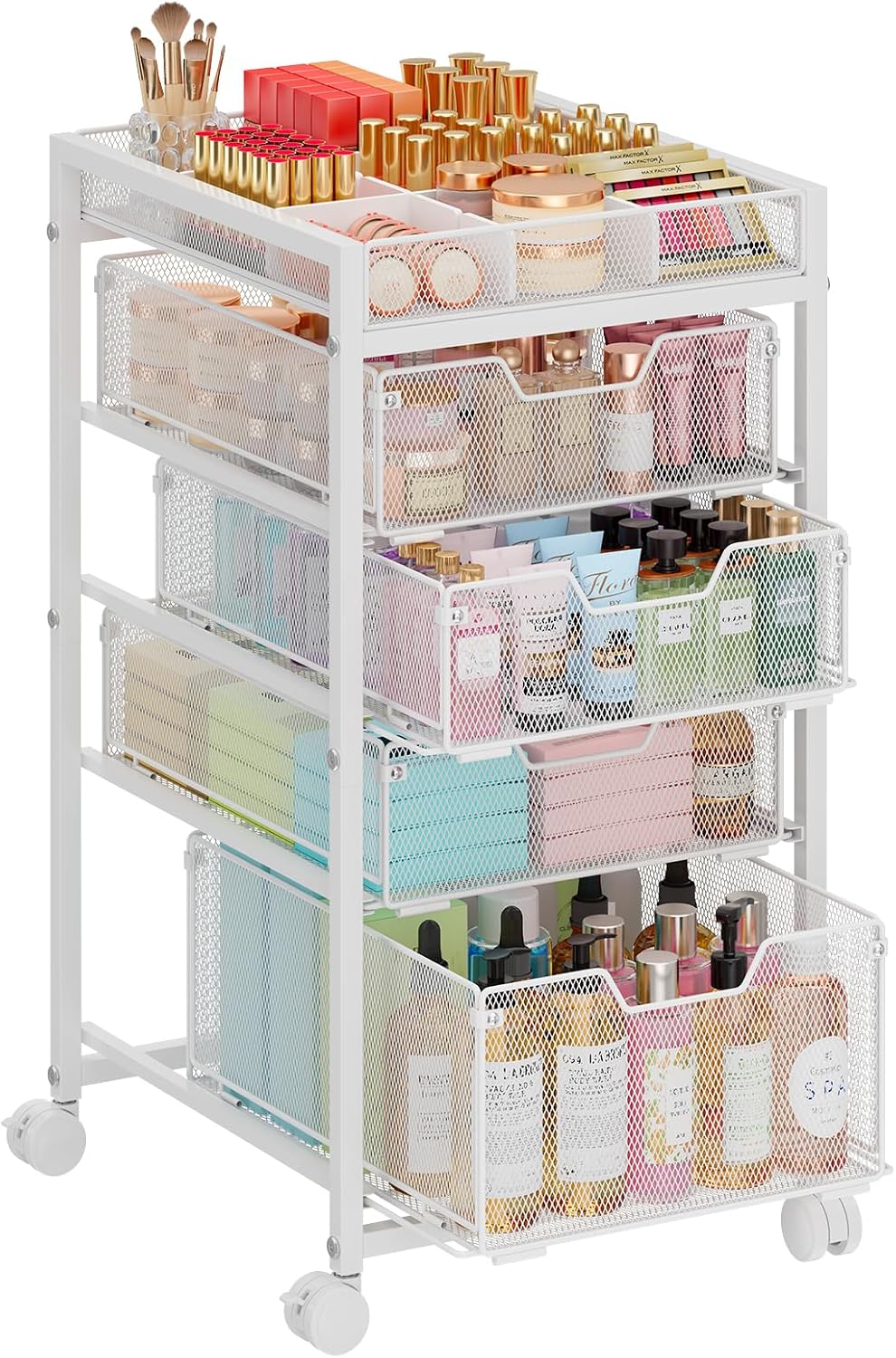5-Tier Rolling Makeup Cart Organizer with 4 Drawers, Cosmetics Display with D...
