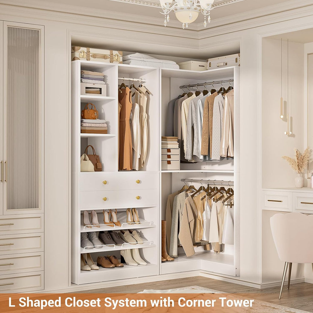 Besiost Corner Closet System with 2 Drawers, 3 Hanging Rods, 59.5" * 31....