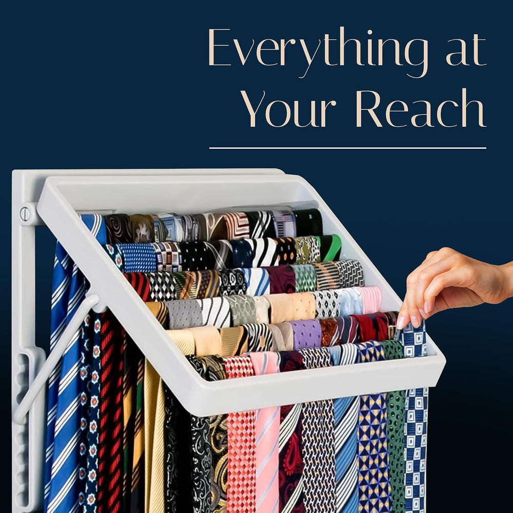 TieMaster Wall Mounted Tie Rack and Scarf Organizer with 5 Belt Hooks