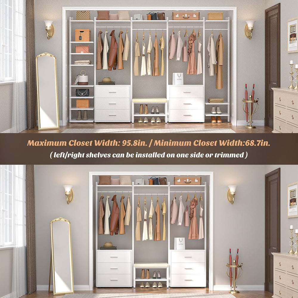 Aheaplus Closet System with 6 Drawers, 8FT Wood Closet Organizer, White