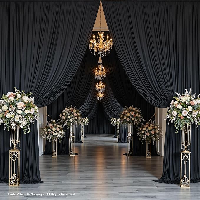 PartyVillage 60ft×15ft Black Backdrop Curtain for Halloween Parties, 12 Panel...