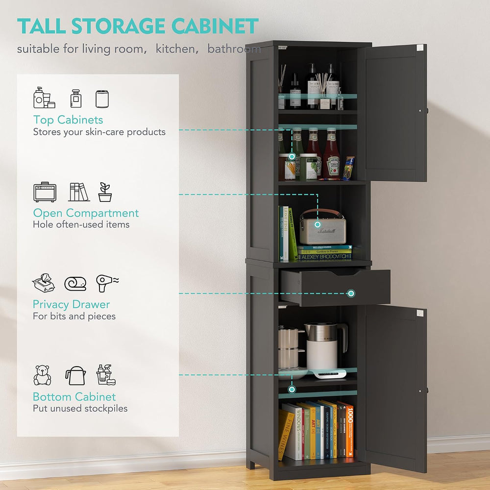 Vongrasig 64”Tall Slim Bathroom Storage Cabinet with 2 Doors, Black