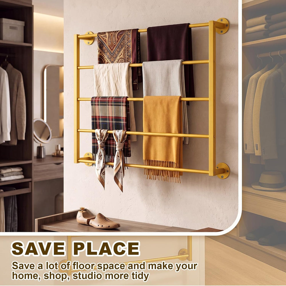 5 Tier Wall Mounted Hijab Organizer, Gold Metal Scarf Rack