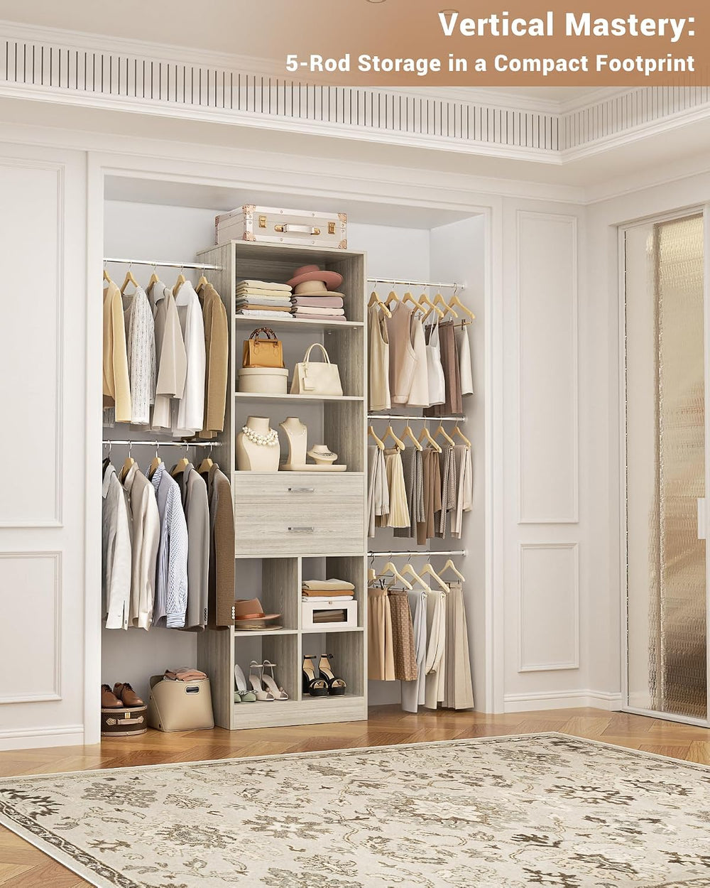 Besiost Small Closet System, 3.2-6.8FT Small Closet Organizer with 5 Hanging ...