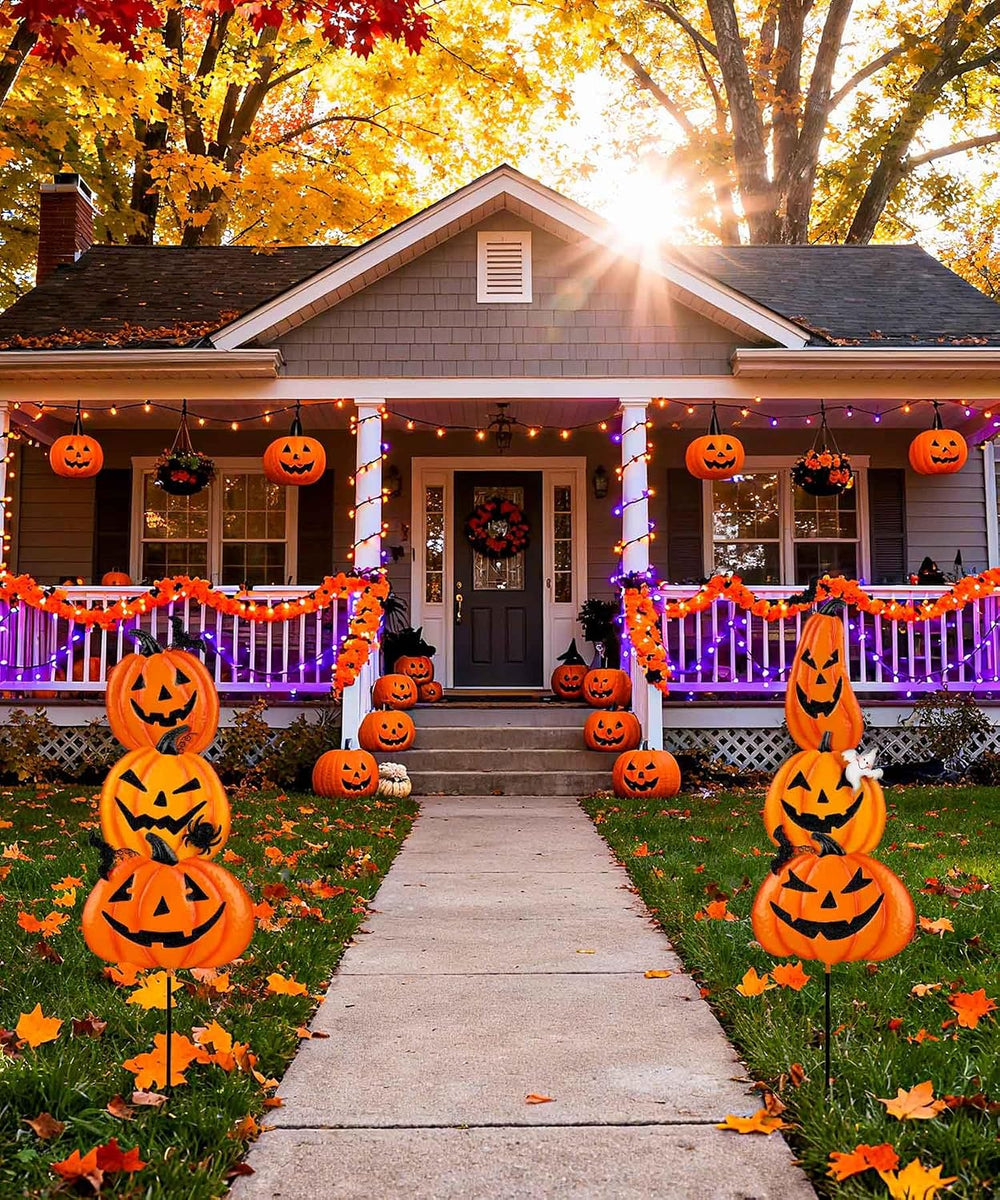 2 Pack Halloween Garden Stakes - Stacked Metal Pumpkins Jack-o-Lantern Lawn D...