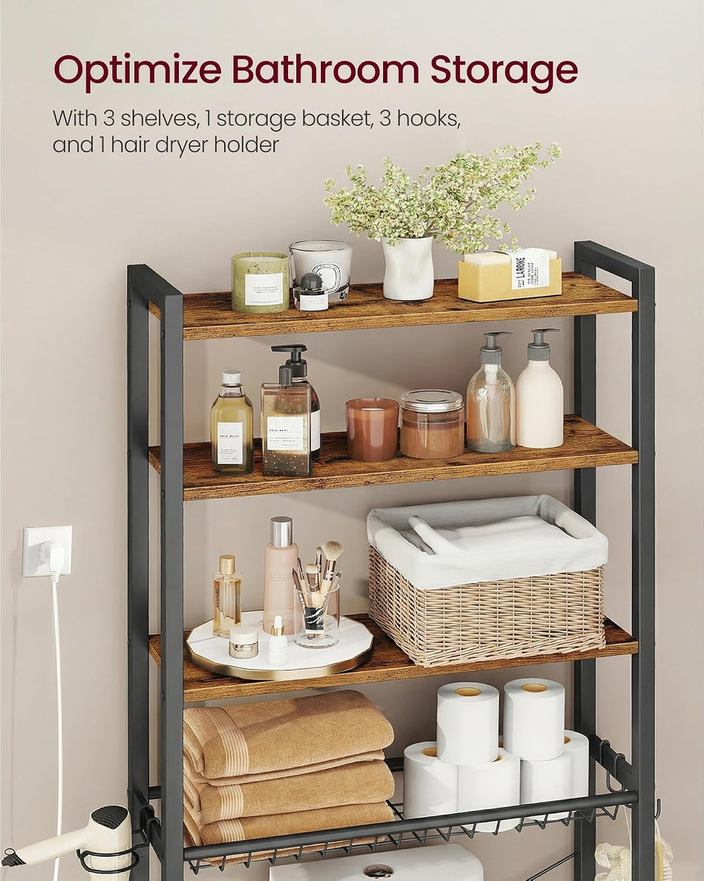 VASAGLE 4-Tier Over the Toilet Storage, Adjustable Shelves, Basket, 68.1'...