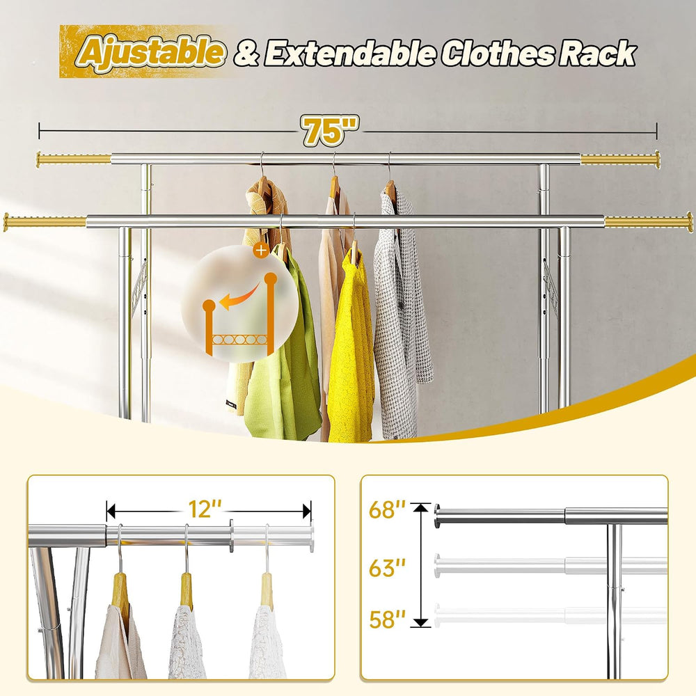 Raybee Heavy Duty Clothes Rack 650LBS Double Rods with Shelf Collapsible
