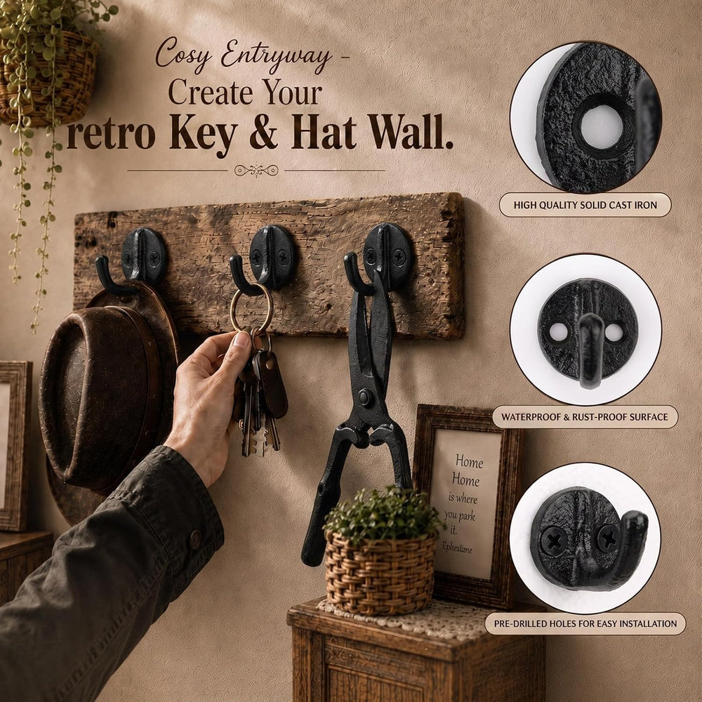 Duraaamo 12 Pcs Rustic Cast Iron Coat Hooks 1.6 x 1.1 in Heavy Duty, Black