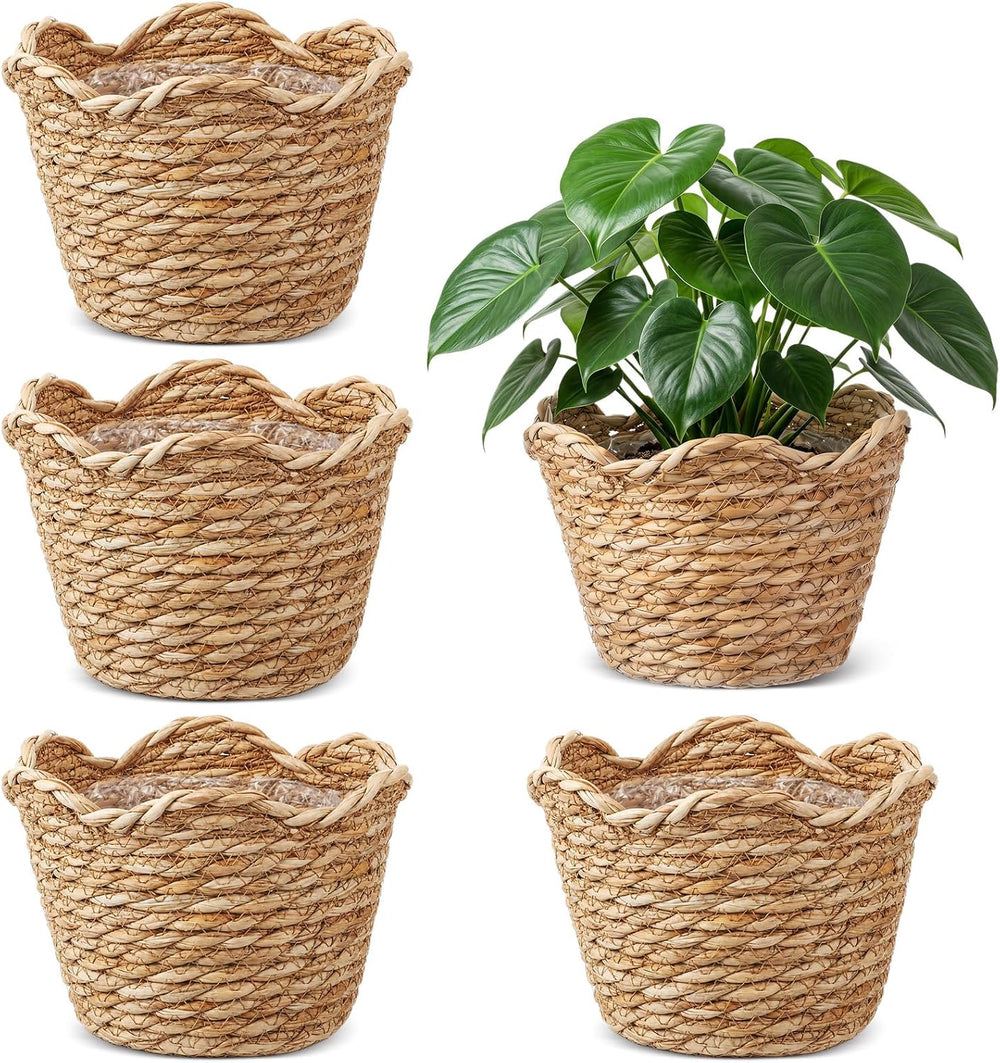 4 Pack Seagrass Woven Plant Basket with Waterproof Plastic Liner, Wicker Stra...