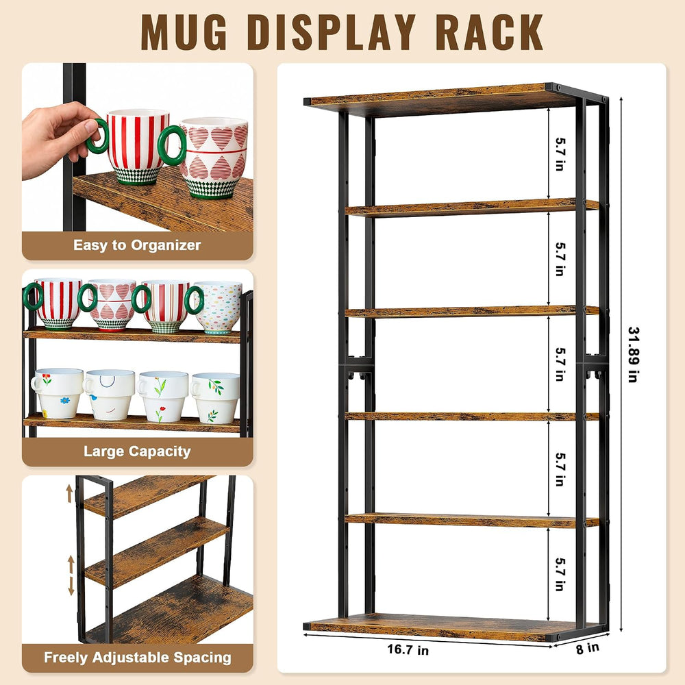 2-in-1 Coffee Cup Holder Wall Mounted, 6-Tier Wood Mug Holder Wall Mount with...