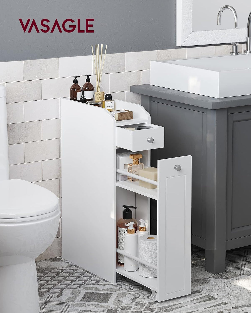 VASAGLE Small Bathroom Storage Cabinet, with Slide Out Drawers,Cloud White