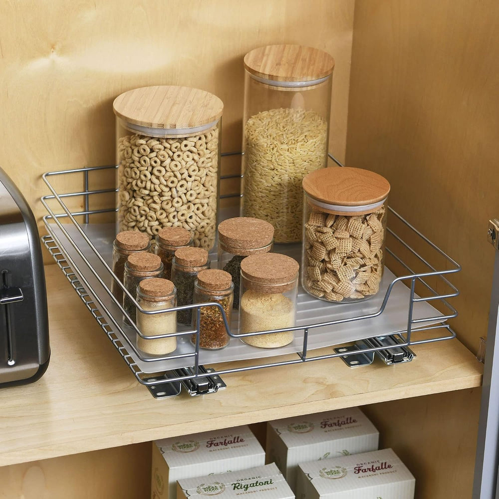 Household Essentials Brushed Steel Pull-Out Pantry Organizer with Plastic Lin...