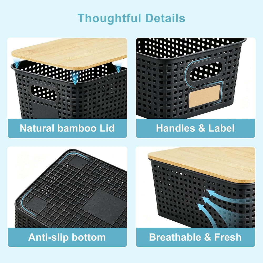 Small Plastic Storage Bins with Bamboo Lids 5.2qt Stackable Box Basket Pantry...