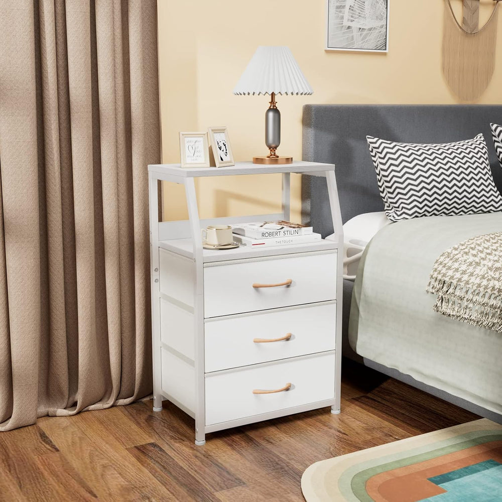 Furnulem White Night Stand with 3 Fabric Drawers , Small Bedside Table