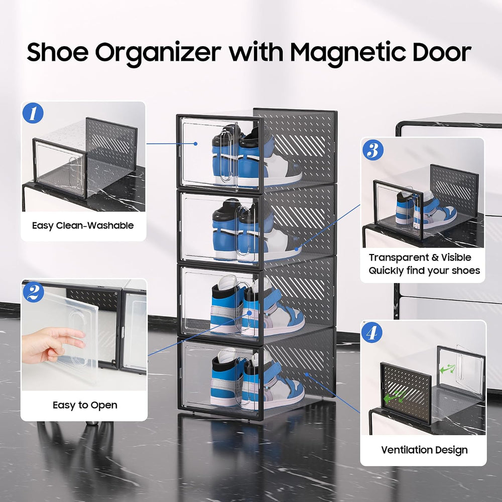eWonLife X-Large Shoe Boxes with Magnetic Door, 12-Pack Stackable Shoes Stora...
