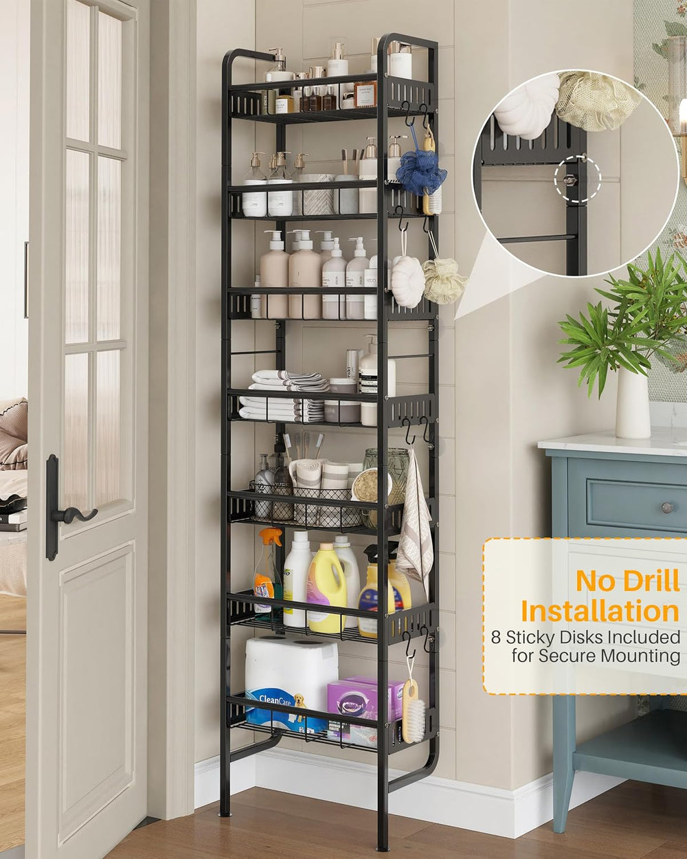 7 Tier Metal Tall Narrow Storage Shelf with Hooks