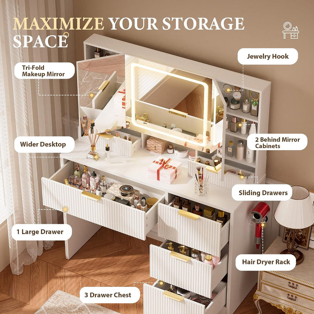COMHOMA Vanity Desk with 3-Way Mirror and Lights, Makeup Vanity with 360° Vie...