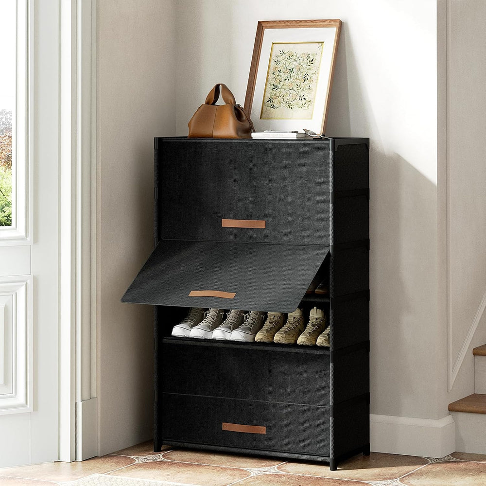 7 Tier Shoe Cabinet with Door, 28-Pair Storage, Black
