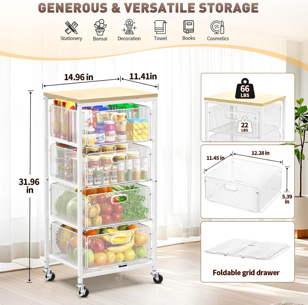 Kitchen Storage Cart with Drawers,Metal Snack Cart Organizer,White