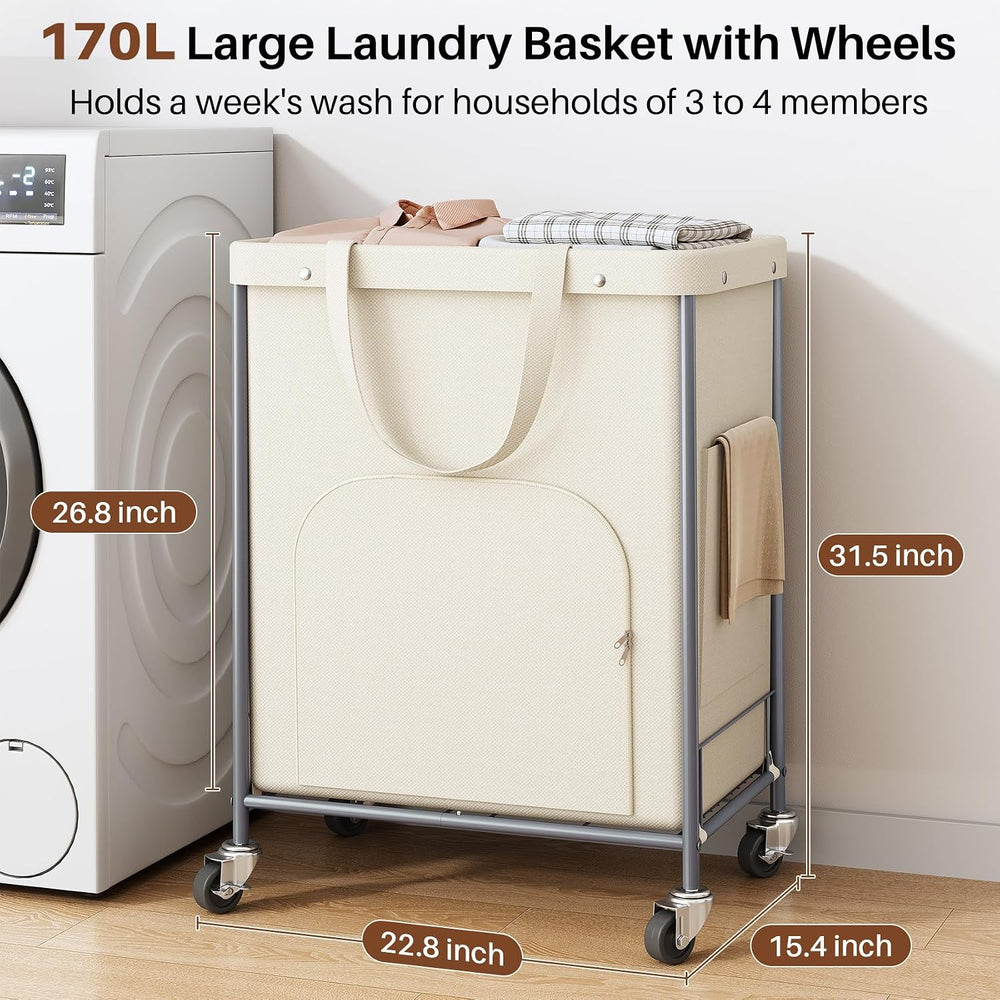 170L Large Laundry Basket with Wheels, Rolling Laundry Hamper Easy Access Clo...