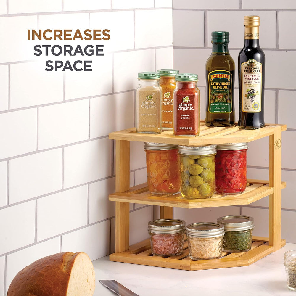 2 Pack Plate Organizer for Cabinet, 3-Tier Bamboo Corner Shelf Rise