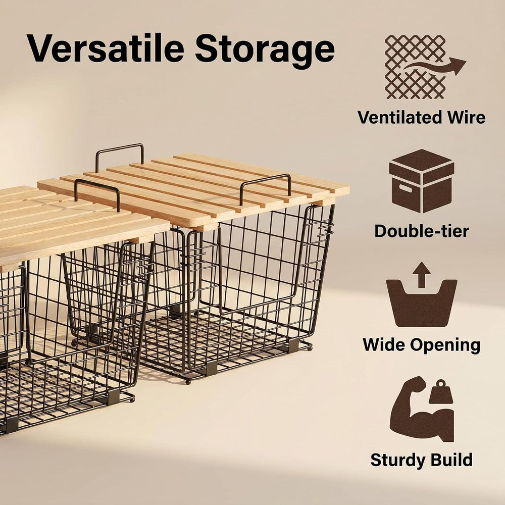 2 Wire Storage Basket with Bamboo Shelf for Fruits Vegetables and Spices