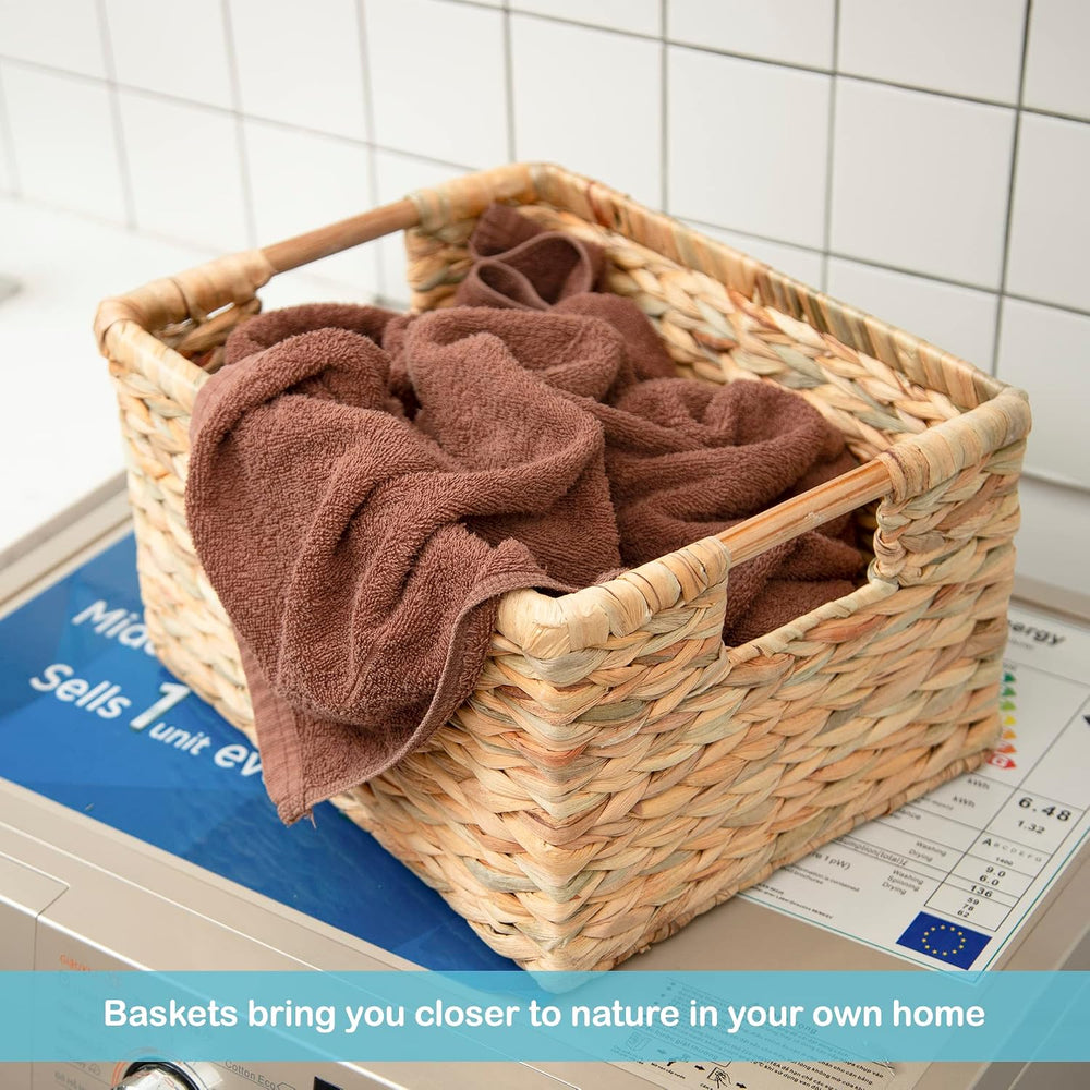 VATIMA Large Rectangular Wicker Basket with Wooden Handles for Shelves and St...